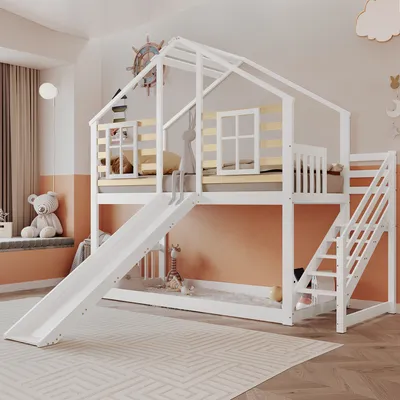 Obrázek produktu pro STILVORA patrová postel 90x200cm se schody a oknem, dětská postel se skluzavkou, rám postele s roštem a mřížemi, postel pro mládež bez matrace