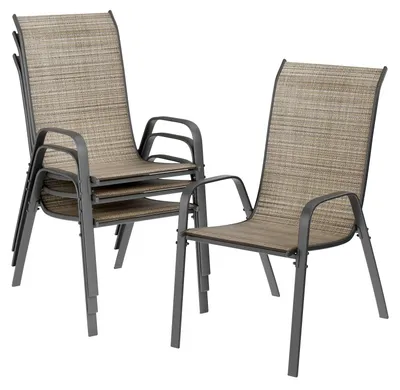 Immagine prodotto di Set di 4 sedie da giardino - Schienale alto - Sedie da terrazzo impilabili - Rivestimento in textilene - Struttura in metallo resistente fino a 150 kg - Con braccioli - Colore: marrone lino