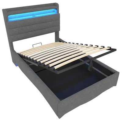Produktbild von Flieks Hydraulisches Polsterbett 90x200cm mit USB und Type-c, Boxspringbett Einzelbett mit Led, Jugendbett Stauraumbett Leinen, Grau