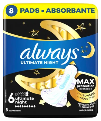 Zdjęcie produktu dla Always Ultimate Night Podpaski ze skrzydełkami, rozmiar 6, 8 sztuk