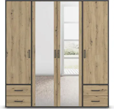 Produktbild von Rauch VOYAGER Kleiderschrank 4-türig mit Spiegel Eiche Artisan Holznachbildung Grau Metallic
