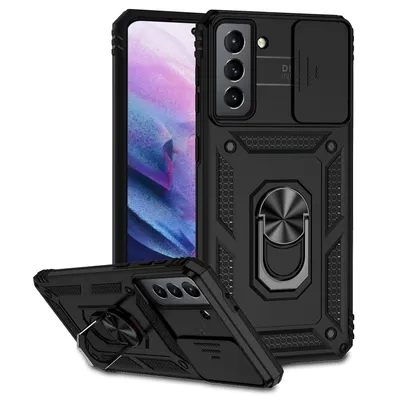 Obrázek produktu pro Pouzdro pro Samsung Galaxy S21 FE 5G dvouvrstvé pouzdro s posuvným krytem kamery a prstencovým stojánkem černé