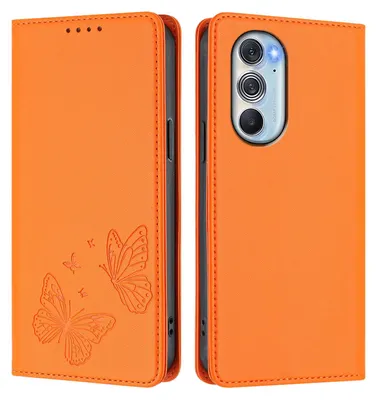 Produktbild von Lederhülle für Motorola Edge 30 Pro, Schmetterling Prägung Leder Brieftasche Schutzhülle mit Ständer Orange