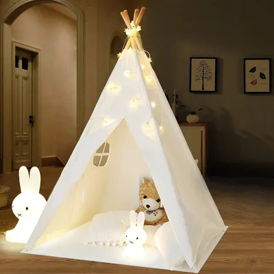 Obrázok produktu pre Teepee stan biely, pre deti, skladací hrací stan, so svetelnou reťazou, pre interiér