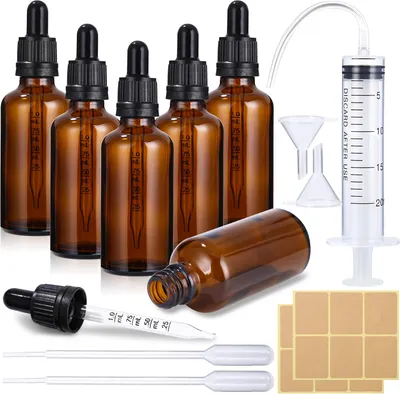Produktbild von 6er-Set, 50 ml Braunglas-Pipettenflaschen, Medizinflaschen, Braunglas-Pipettenflaschen, Tropfflaschen mit Trichteraufklebern, mit Etiketten, 6er-Set