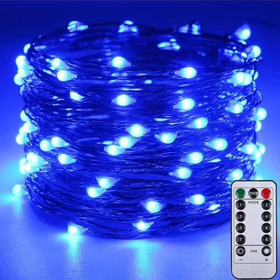 A coil of blue LED string lights with a remote control.