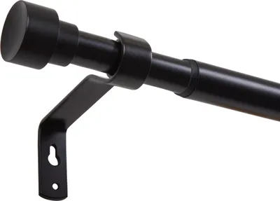 A close-up view of a black curtain rod with a bracket and a ring, against a white background.