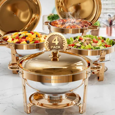 Immagine prodotto di Contenitori termici per buffet - Chafing dish rotondo da 4,7 l, set da 4 pezzi - Alta qualità - Per buffet, feste, matrimoni - Oro rosa