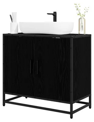 Produktbild von Waschbecken-Schrank in Schwarz Eichen-Optik, modernes Design, 65x33x60 cm, Holzwerkstoff, Stahlrahmen