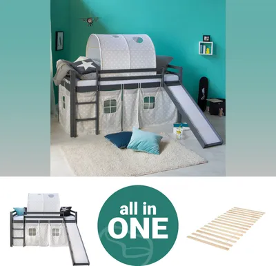 Produktbild von Homestyle4u Kinder Hochbett 90x200 grau mit Lattenrost Rutsche Tunnel