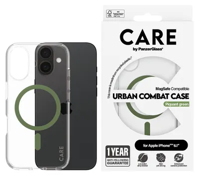 Obrázek produktu pro PanzerGlass CARE™ by ® Urban Combat Case Transparent w. Green MagSafe iPhone 16, Obal, Apple, Apple - iPhone 16, Průhledná