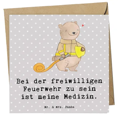 Produktbild von Mr. & Mrs. Panda Klappkarte Bär Freiwillige Feuerwehr - Grau Pastell - Geschenk, Feuerwehrfest, Jugendfeuerwehr, Grußkarte, faltkarte, anlasskarte, Glückwunschkarte