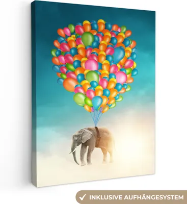 Produktbild von MuchoWow® - Leinwandbilder - Elefant - Luftballons - Farben, Wandbild, Wanddeko Bilder Wohnzimmer, 90x120 cm
