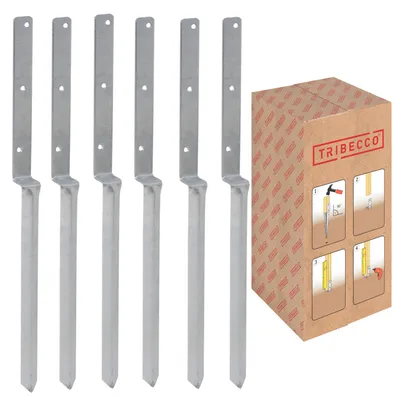 A set of six L-shaped metal ground anchors and a cardboard box with product instructions.