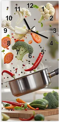 Produktbild von Wanduhr aus Glas mit Motiv Kochen Mit Gemüse- 30 x 60 cm - inkl. Aufhängesystem