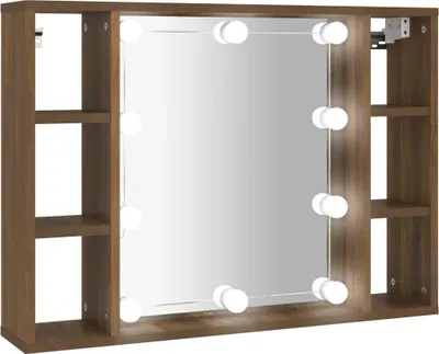 Imagen del producto de Espejo con armario y luces LED, color marrón, diseño imitación roble, 76 x 15 x 55 cm