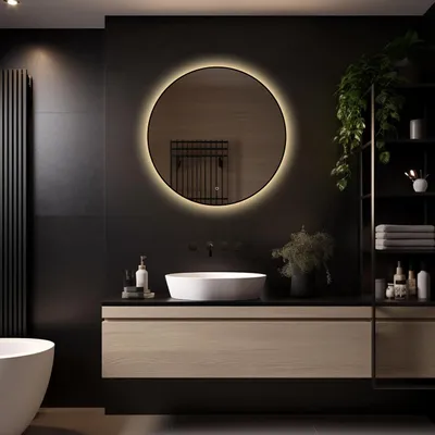 Image de LoXa – Miroir de salle de bain rond Ilona avec LED 80 cm – Cadre noir – Dimmable – Surface antibuée – Qualité durable – Installation facile