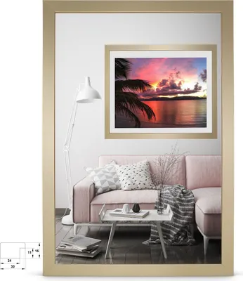 A living room scene with a pink sofa, a coffee table, and a framed picture on the wall.