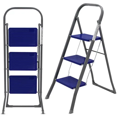 Productafbeelding van Huishoudtrap 3 treden - Keukentrap Inklapbaar - - Blauw - Antislip - Max. hoogte 105 - 150 kg