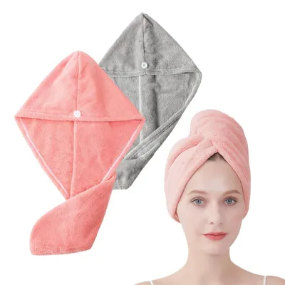 Immagine prodotto di Set di 2 turbanti per capelli in microfibra, tipo pile di corallo, rosa e grigio, dimensioni 25x65 cm