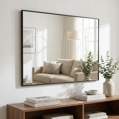 Image de Miroir mural rectangulaire, 81x61 cm, noir, en aluminium, résistant aux chocs, idéal pour la salle de bain, la chambre à coucher ou le salon