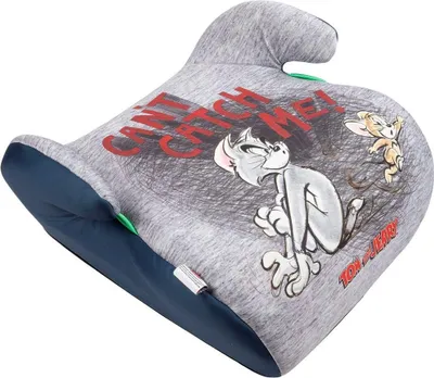 Produktbild von Tataway Warner Bros Tom & Jerry i-Size ECE R129 Sitzerhöhung. Kindersitzerhöhung für Kinder von 125 bis 150 cm Größe. Sitzerhöhung mit Tom & Jerry-Grafiken, Kindersitz auf grauem Hintergrund.
