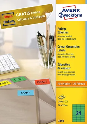 Imagen del producto de Avery Zweckform® 3450, etiquetas - 70 x 37 mm, color verde, 2.400 etiquetas/100 hojas, adhesivo permanente