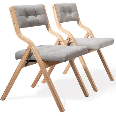 Obrázok produktu pre Skladacie jedálenské stoličky s drevenými nohami – sada 2 kusov – čalúnené sedadlo – masívne drevo – látkový poťah – 48 x 61 x 77 cm – sivá farba