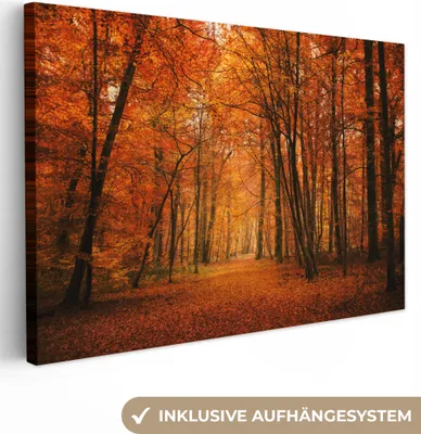 Produktbild von MuchoWow® - Leinwandbilder - Herbst - Rot - Wald, Wandbild, Wanddeko Bilder Wohnzimmer, 120x80 cm