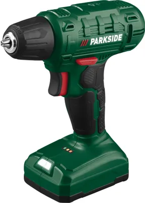 A cordless drill with a battery pack attached, shown against a white background.