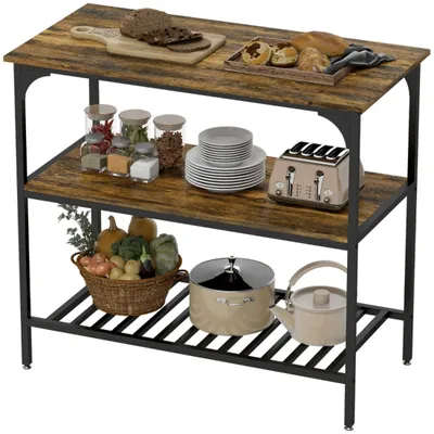 Image de Étagère de boulangerie, étagère de cuisine à 3 niveaux avec structure en acier, brun rustique + noir, bois