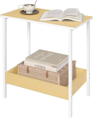 Produktbild von Beistelltisch mit 2 Ablagen, Metall- und Holzoptik | Holzoptik + Weiß | 50x25x55cm