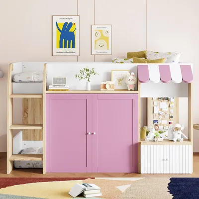 A child's loft bed with storage and a playhouse-like facade, decorated with children's artwork and toys.