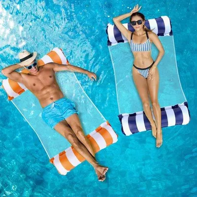 Obrázok produktu pre Plávajúce lehátka – 2 kusy – Oranžová a modrá – Nafukovacia vodná sieť – 115 x 65 cm – Vysoko kvalitná tkanina – Príslušenstvo k bazénu – Vankúš a podnožka – Nafukovacie – Vodné hračky – Bazénová hračka