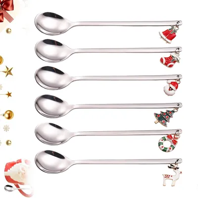 6 Kaffeelöffel mit Weihnachtsmotiven, silberfarben, 6 Stück