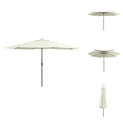 Multiple views of a cream-colored patio umbrella against a white background.
