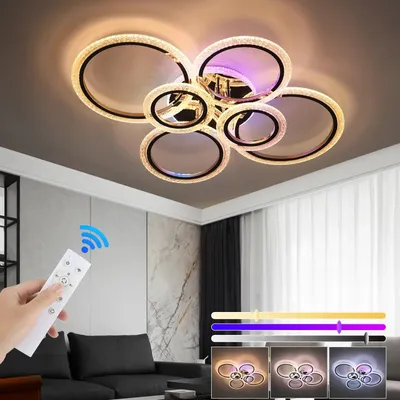 Zdjęcie produktu dla Oświetlenie sufitowe LED z 6 pierścieniami akrylowymi - Nowoczesna lampa sufitowa - Podświetlenie RGB z efektem kryształów - Regulacja jasności za pomocą pilota - 40W - Biały