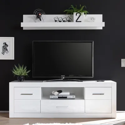 Produktbild von Großes TV-Lowboard BALVE-61 mit Wandboard modern in Hochglanz weiß BxHxT: 180x185x45cm