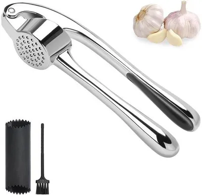 Productafbeelding van Ibenzoa® Zilverkleurige knoflookpers van zinklegering – met schiller en reinigingsborstel, ergonomisch handvat, roestbestendig, vaatwasmachinebestendig