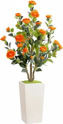Produktbild von Künstlicher Kamelienbaum - Topfpflanze - 120 cm Höhe - Weißer Topf - Für Innenbereich - Bodenstehend - PVC - Blühend - Tiefrosa