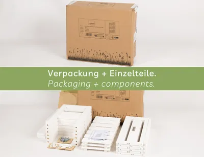 A large cardboard box with product information and illustrations of plants is shown at the top. Below it, a green banner with text is displayed. At the bottom, disassembled parts of a white plant stand are arranged, along with some hardware.