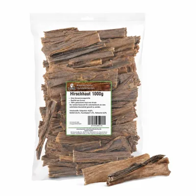 Produktbild von Hirschhaut 1 Kg ca. 15 cm, natürliche Zahnpflege für Hunde, wie Pferdekopfhaut, Rinderkopfhaut