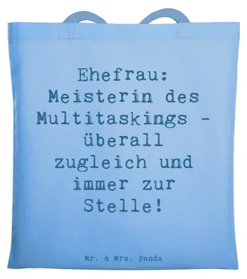 Produktbild von Mr. & Mrs. Panda Tote Bag Spruch Ehefrau Meisterin - Sky Blue - Geschenk, Schultasche, Einzigartig, Familie, für, Beutel, Liebe, Tasche, Jutebeutel, Humor, Shopping