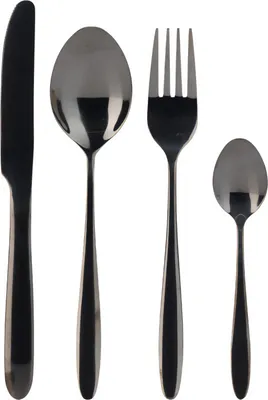 A set of four black cutlery items arranged vertically against a white background.