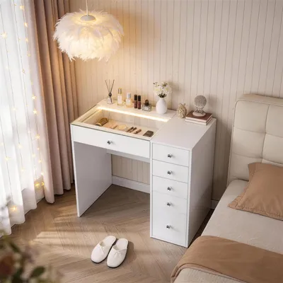 Image de VANITII Coiffeuse LED éclairage 6 Tiroirs Blanc 92 x 81 x 55 cm, Blanc