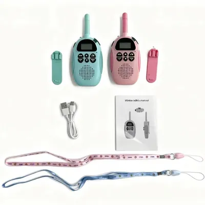 Produktbild von 2er Set Kinder Walkie-Talkies mit 3 km Reichweite, 600 mAh Akku, LCD-Display und LED-Taschenlampe
