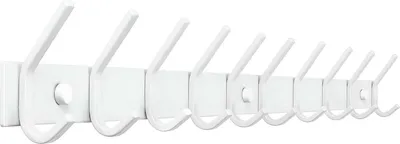 A white coat rack with multiple hooks, mounted on a white surface.