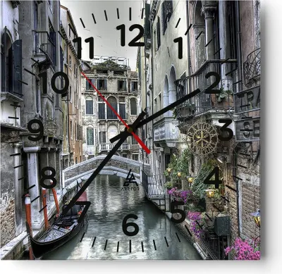 Produktbild von Wanduhr - Quadrat - Glasuhr - Venedig Brücke Wasser - 30x30cm - Schleichendes Uhrwerk - Lautlos - zum Aufhängen bereit - Dekoration Modern - Wanddekoration aus Glas - C4AC30x30-3522