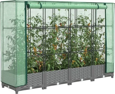 Produktbild von "Rabatt" Garten-Hochbeet/Pflanzgefäß/Pflanzkübel - mit Gewächshaus-Aufsatz Rattan-Optik 160x40x123 cm - Beete CC18215