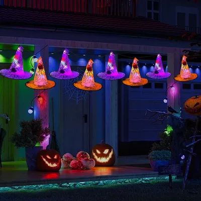 8 hängende Hexenhüte mit Licht, bunt, Halloween-Deko, Fernbedienung
